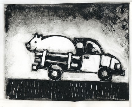 Monotype of pig in the back of a truck
