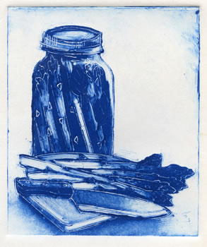 monotype of can of asparagus with knife and fresh asparagus