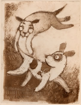 monotype of 2 dogs chasing each other's tail
