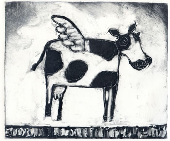 monotype print of cow with wings