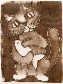 monotype of cat holding fish