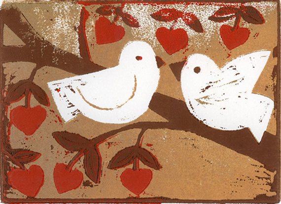 Loving - Woodcut of two doves in tree with heart shaped fruit