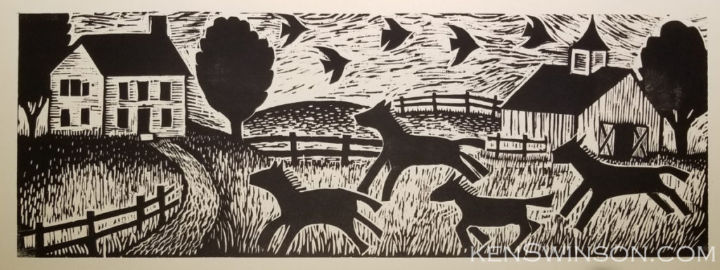 Woodcut of horses frolicing at a horse farm