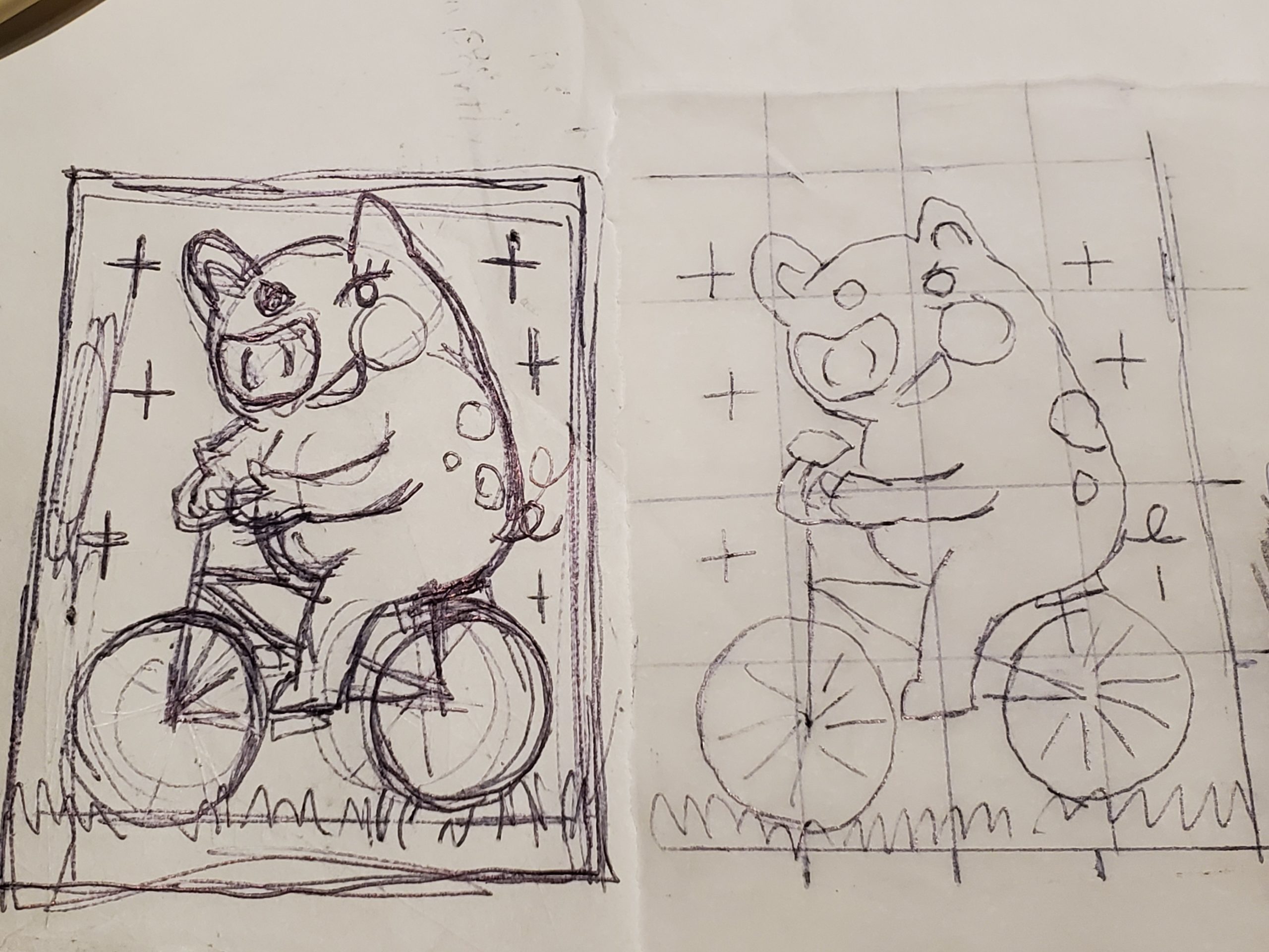 rough sketch for woodcut of pig on bicycle