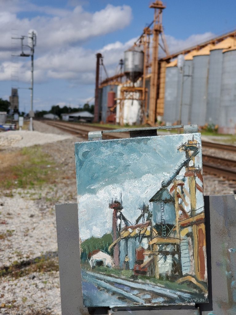 plein air painting of a grain mill in corning arkansas by ken swinson