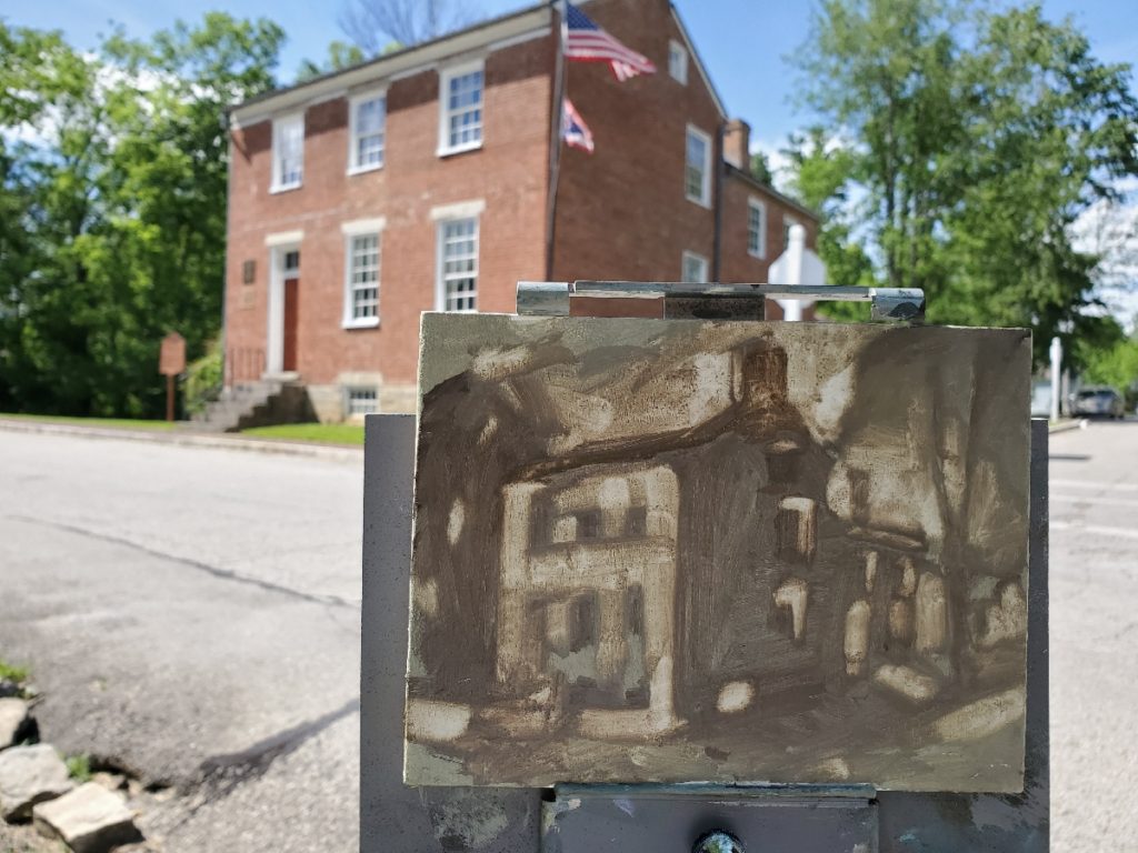 plein air underpainting of grant's home in georgetown kentucky by artist ken swinson