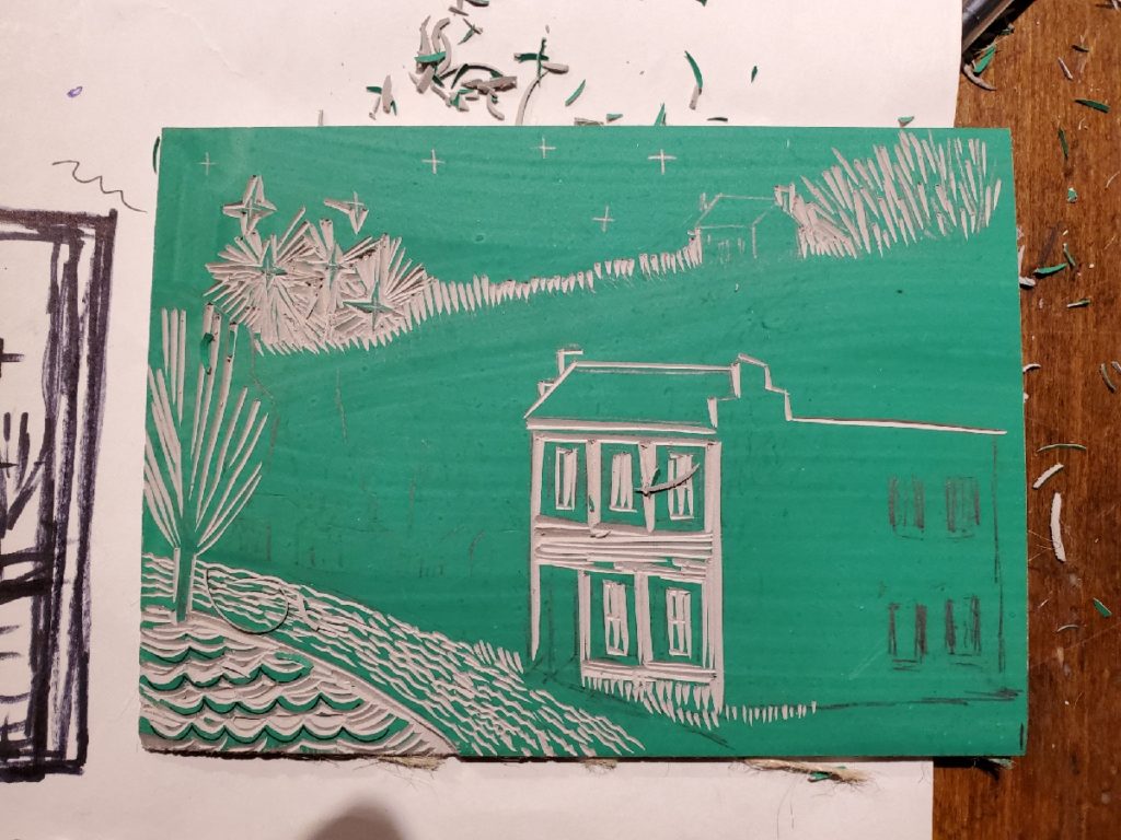 work in progress carving linocut of the john p parker house in ripley ohio