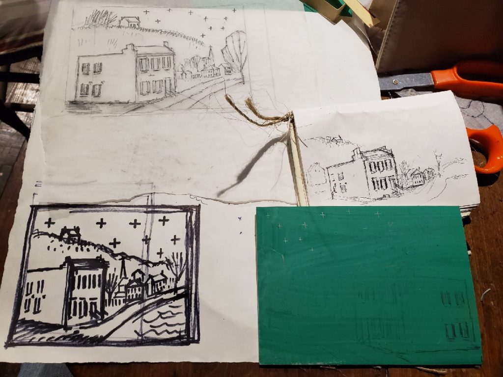 different sketches of the John p. parker house being developed into a linocut