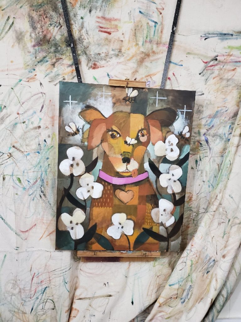 painting of yellow dog with bees and flowers hanging on wall by ken swinson