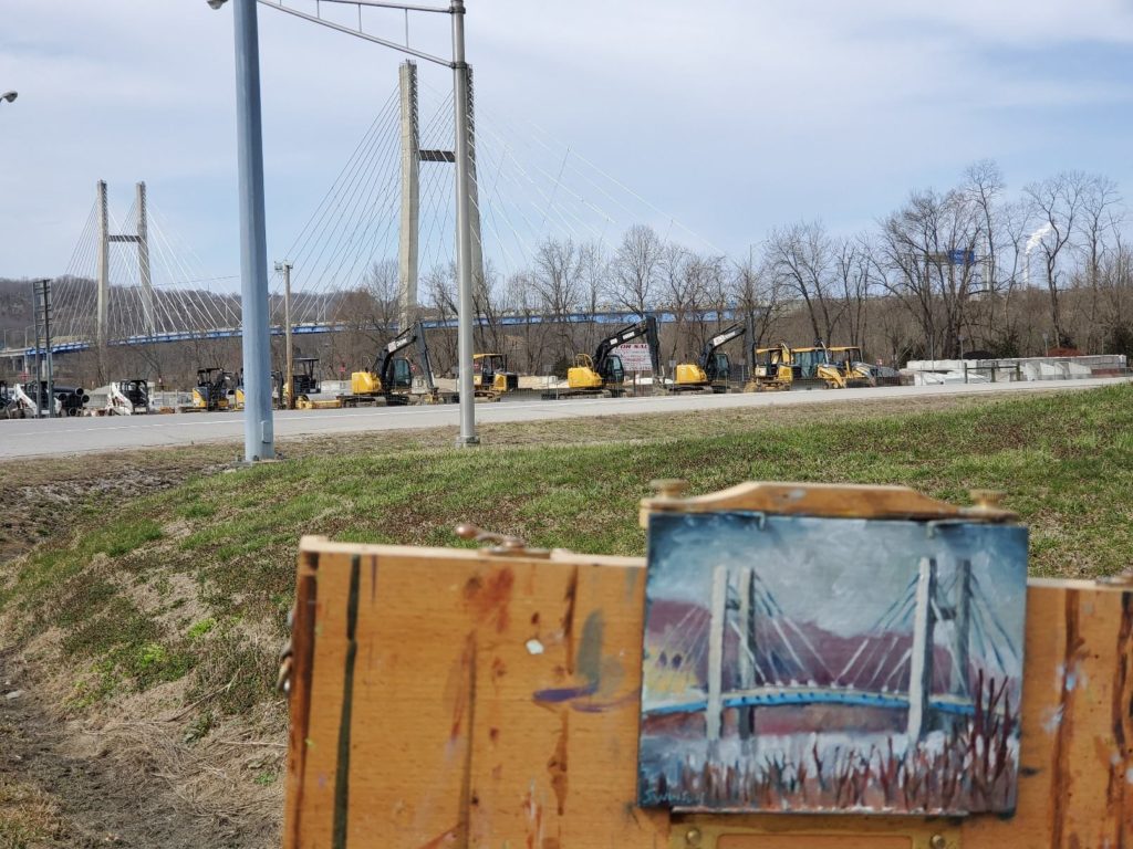 plein air painting of suspension bridge across the ohio river by artist ken swinson