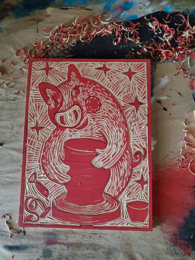 Woodcut of a pig at a pottery wheel