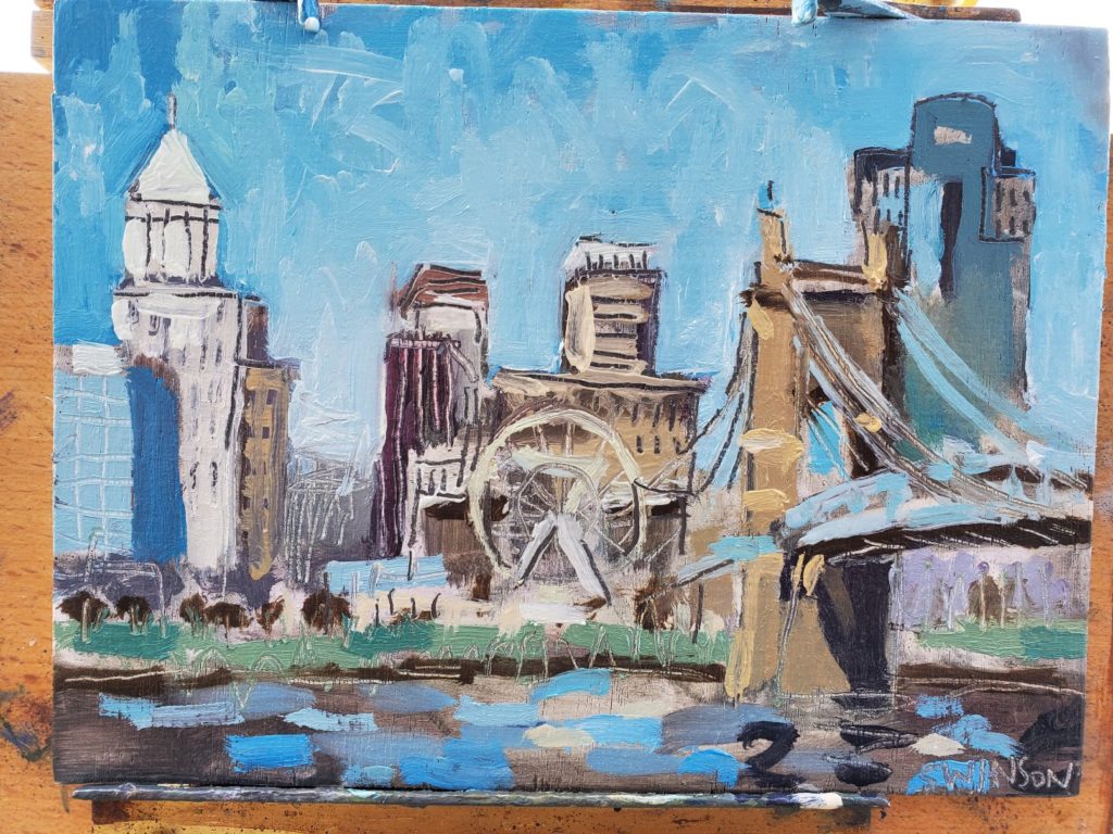 plein air painting of roebling bridge and cincinnati skyline by artist ken swinson