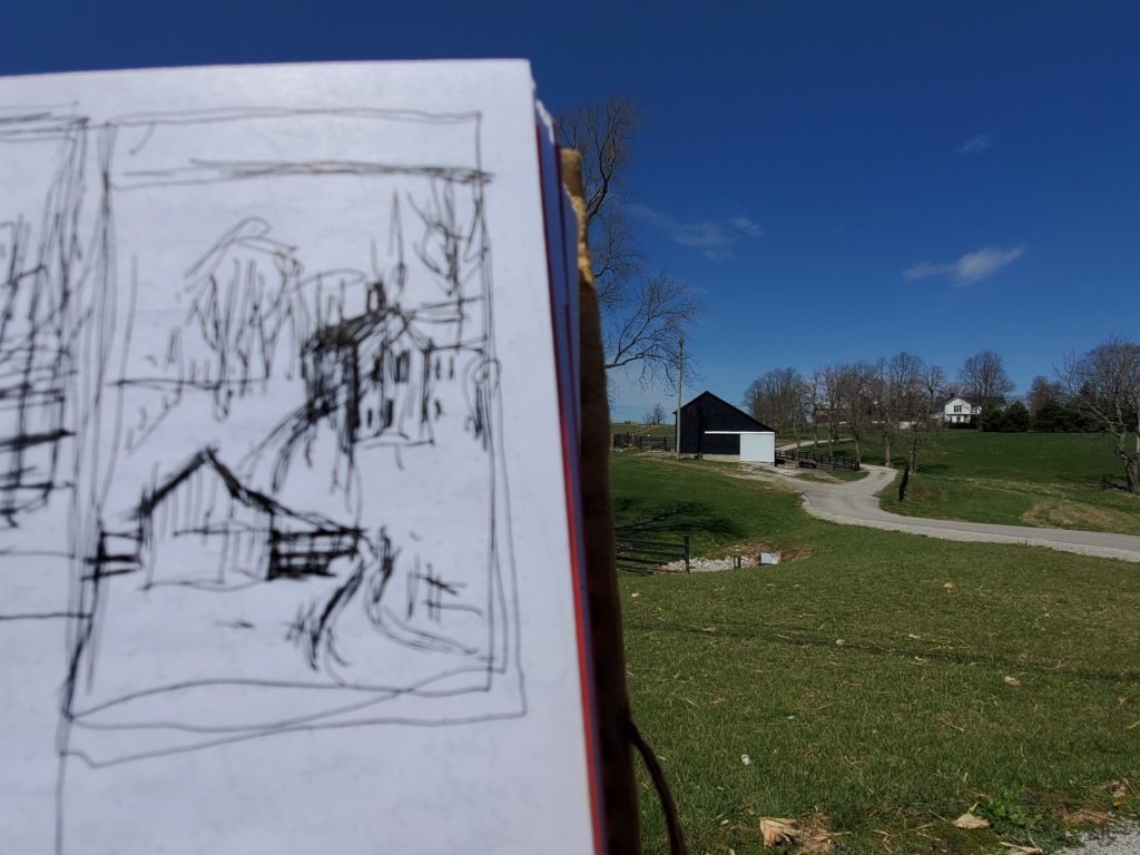 sketch of a barn and house in rural mason county kentucky