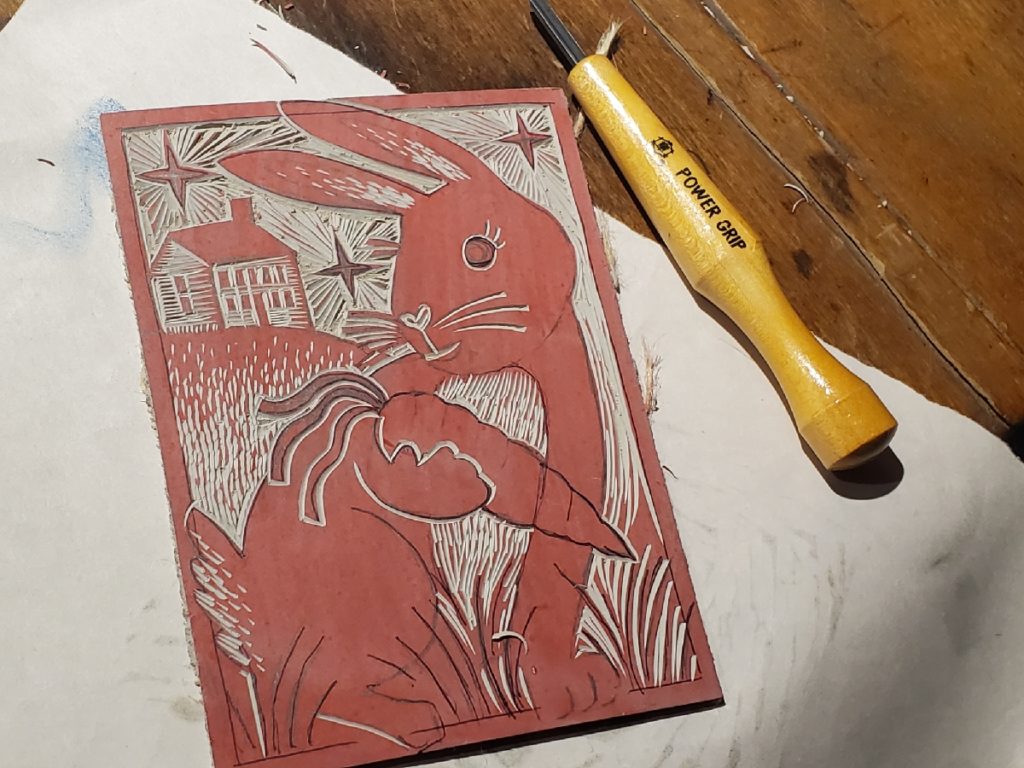 carved linocut before printing