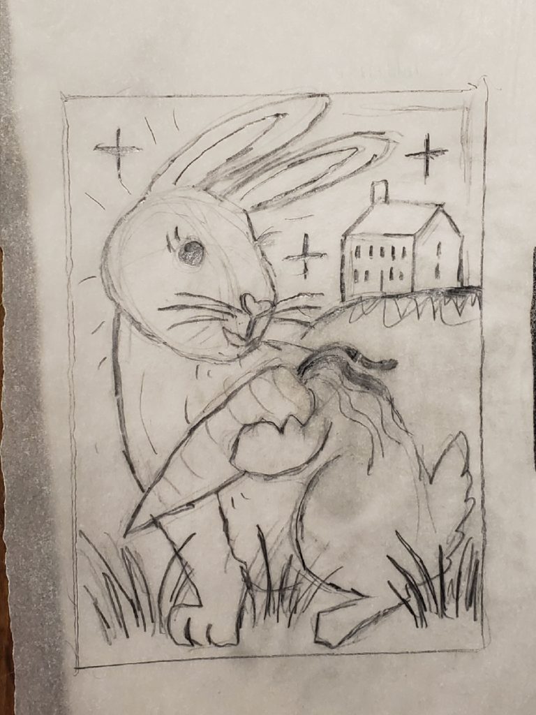 sketch of a bunny in front of a house, holding a carrot