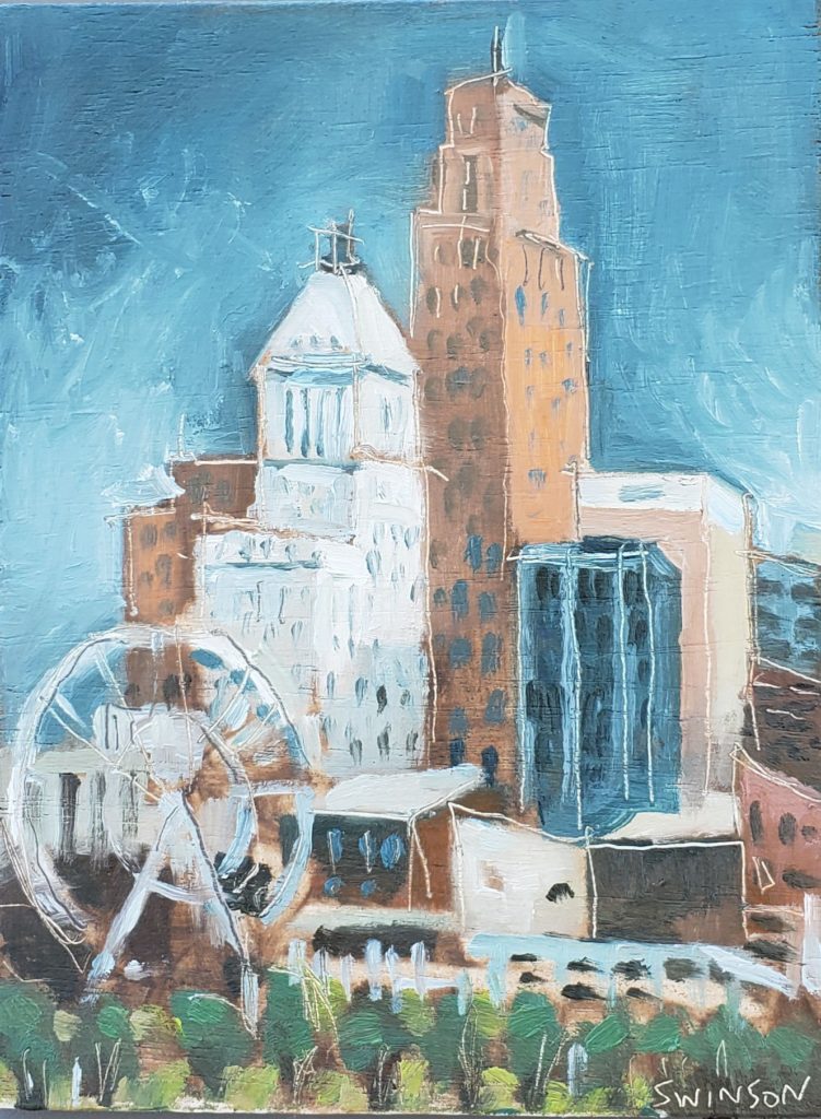 plein air painting of cincinnati skyline with ferris wheel and freedom center, carew tower