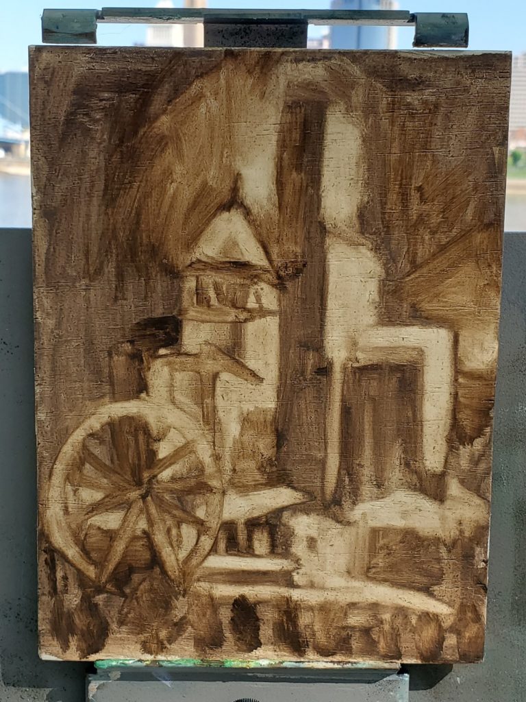 plein air underpainting of Cincinnati skylien