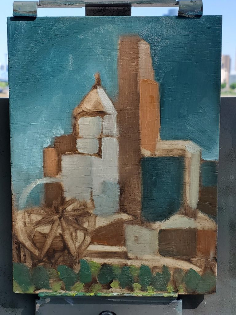 plein air painting of cincinnati's skyline with first colors being applied