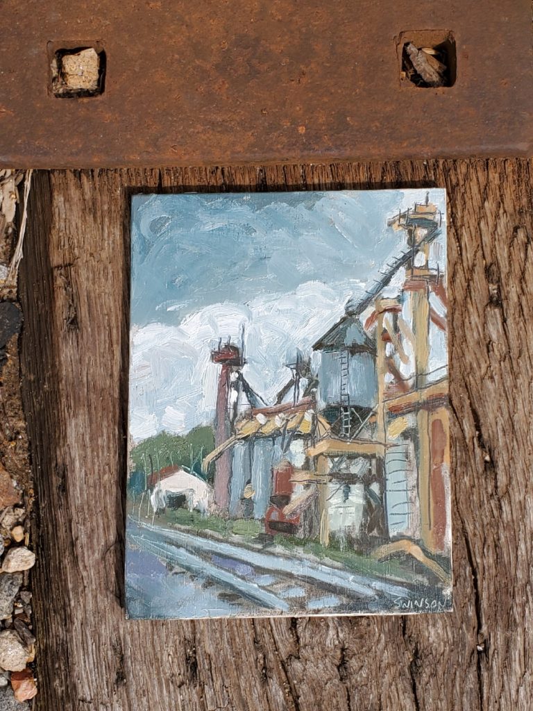 plein air painting of grain mill in corning arkansas