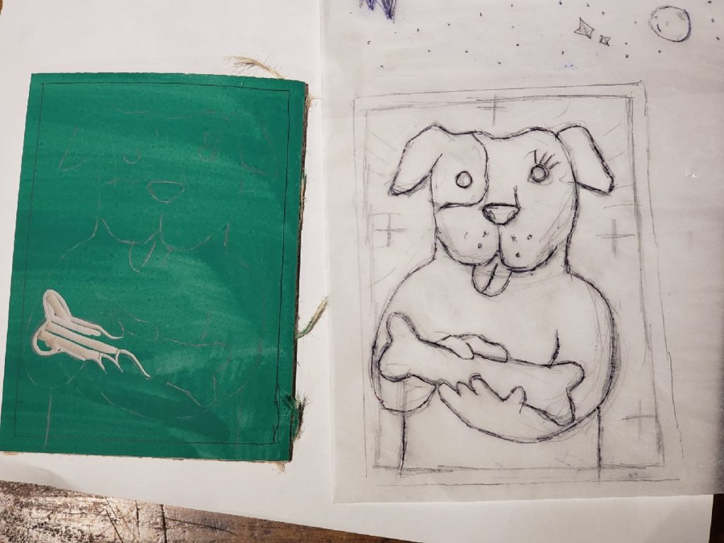 preliminary sketch of dog with bone for linocut