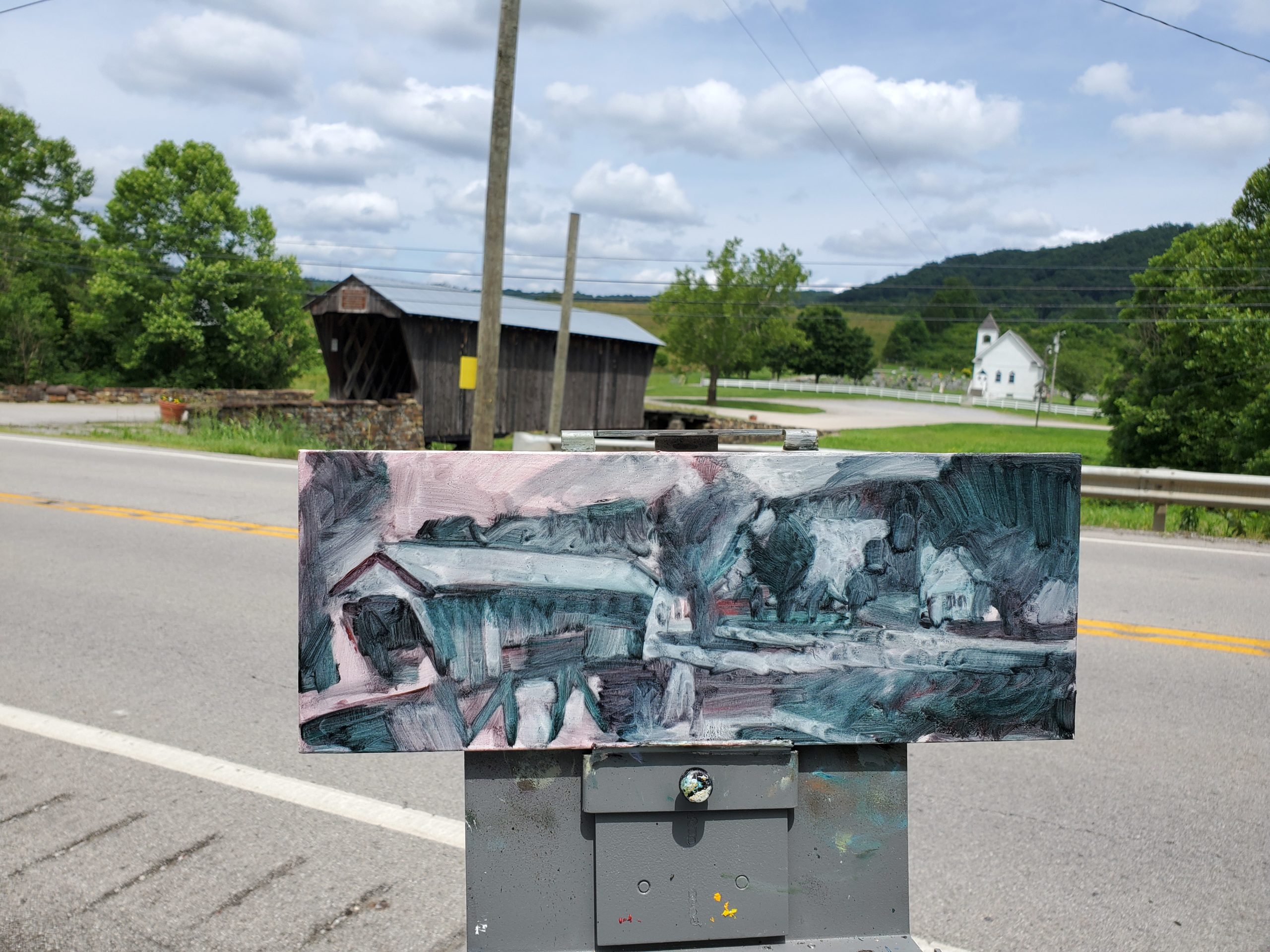 plein air underpainting of the goddard bridge in goddard kentucky