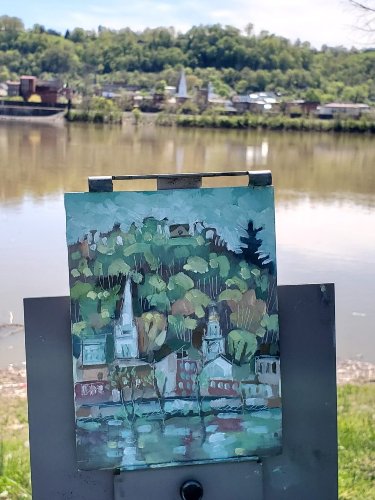 plein air painting of maysville kentucky from the view of the ohio river at aberdeen park ohio