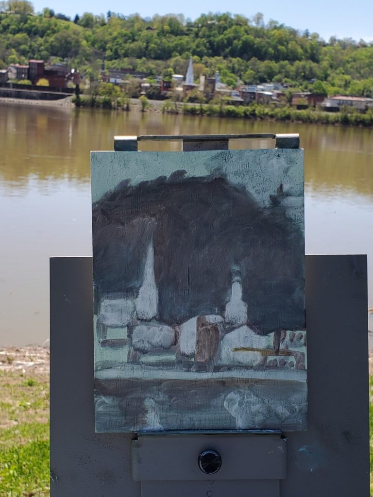 plein air underpainting of the view of maysville kentucky from the ohio river