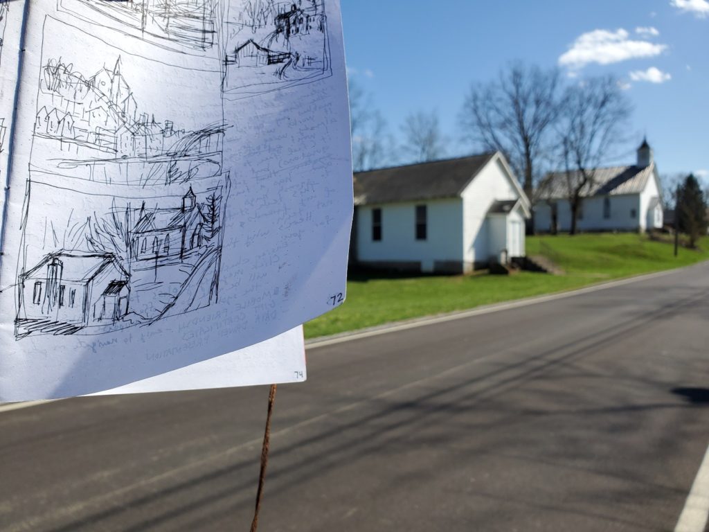 sketch of churches in minerva kentucky with photo of actual buildings in the background