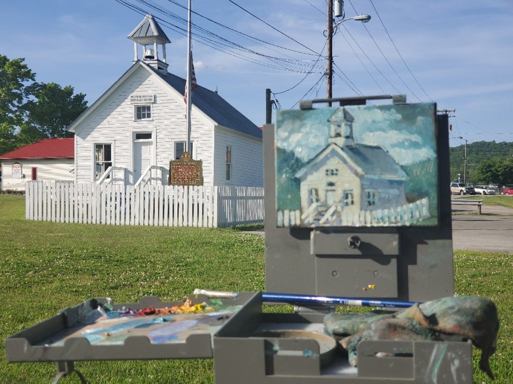 photo of plein air painting of the moonlight school in morehead kentucky by artist ken swinson