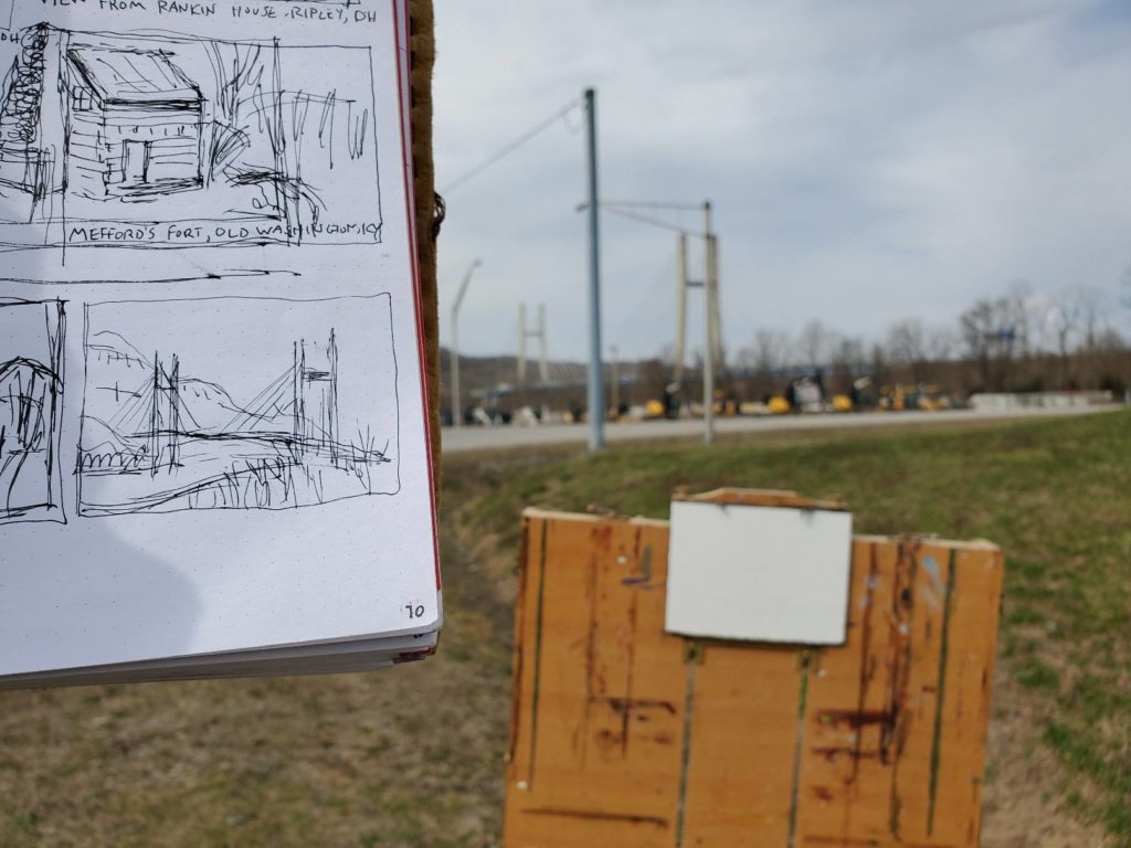 sketch of suspension bridge in aberdeen ohio by artist ken swinson