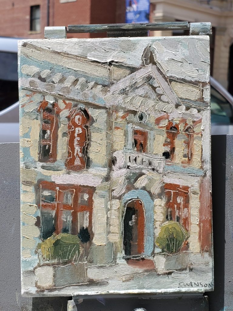 plein air painting of the washington opera house in maysville kentucky by artist ken swinson