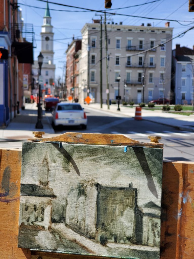 underpainting of over the rhine in cincinnati ohio by artist ken swinson