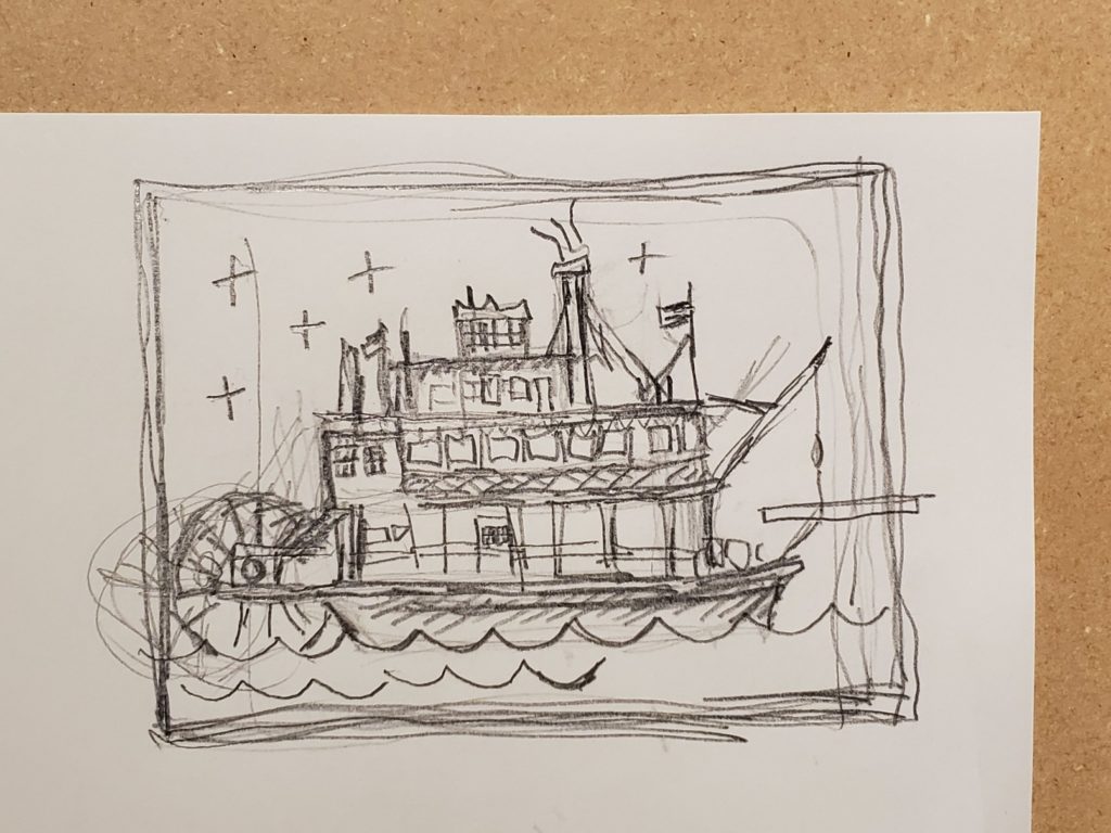 sketch of paddle boat by kentucky artist ken swinson