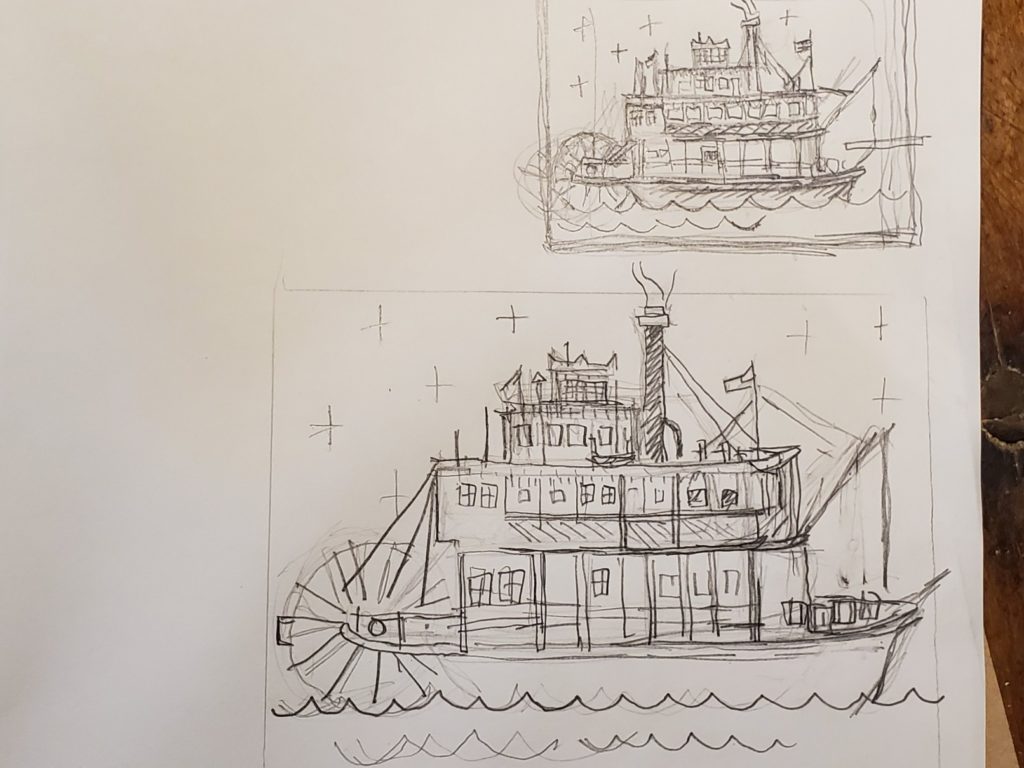 2 sketches of a paddleboat by ken swinson