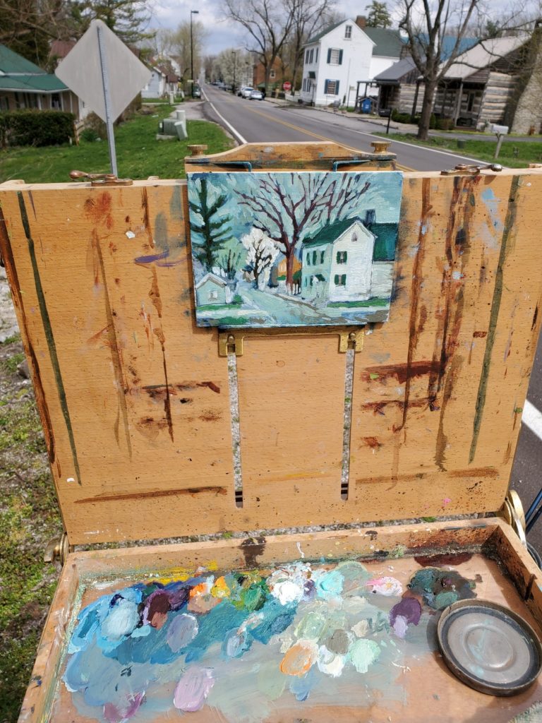 plein air painting of white building in old washington kentucky by artist ken swinson