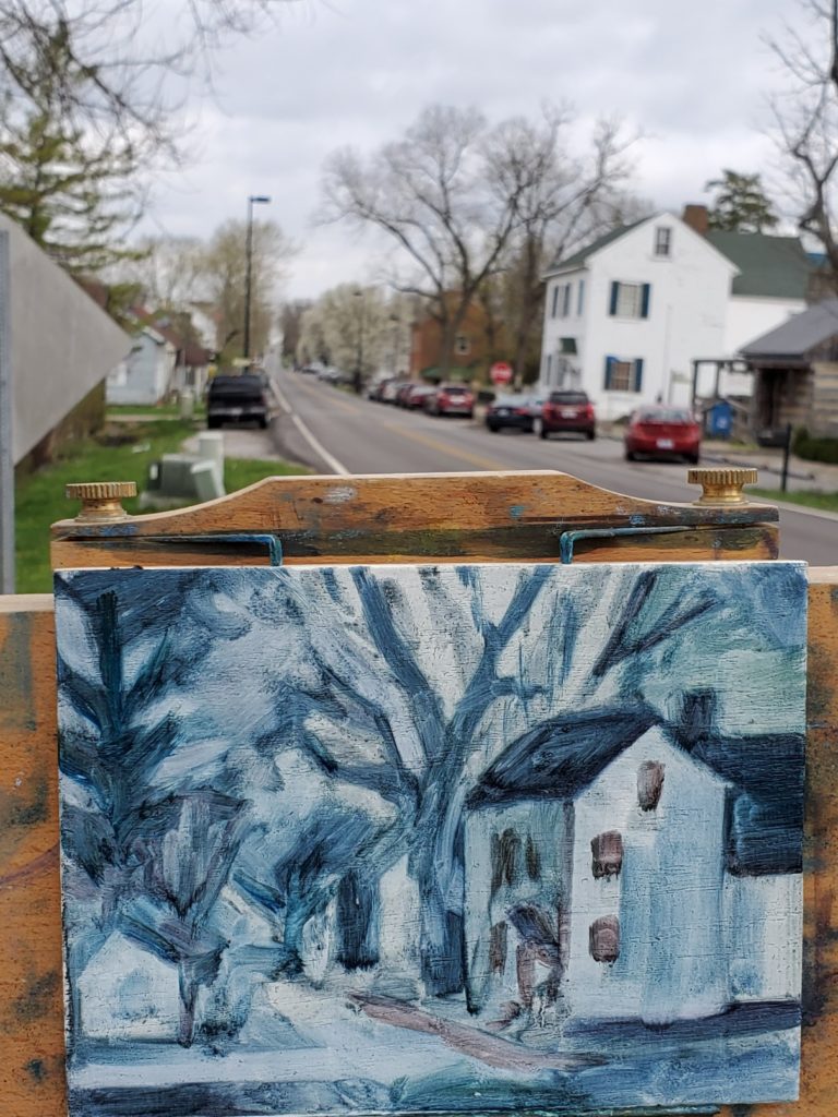 plein air underpainting of white house in old washington kentucky