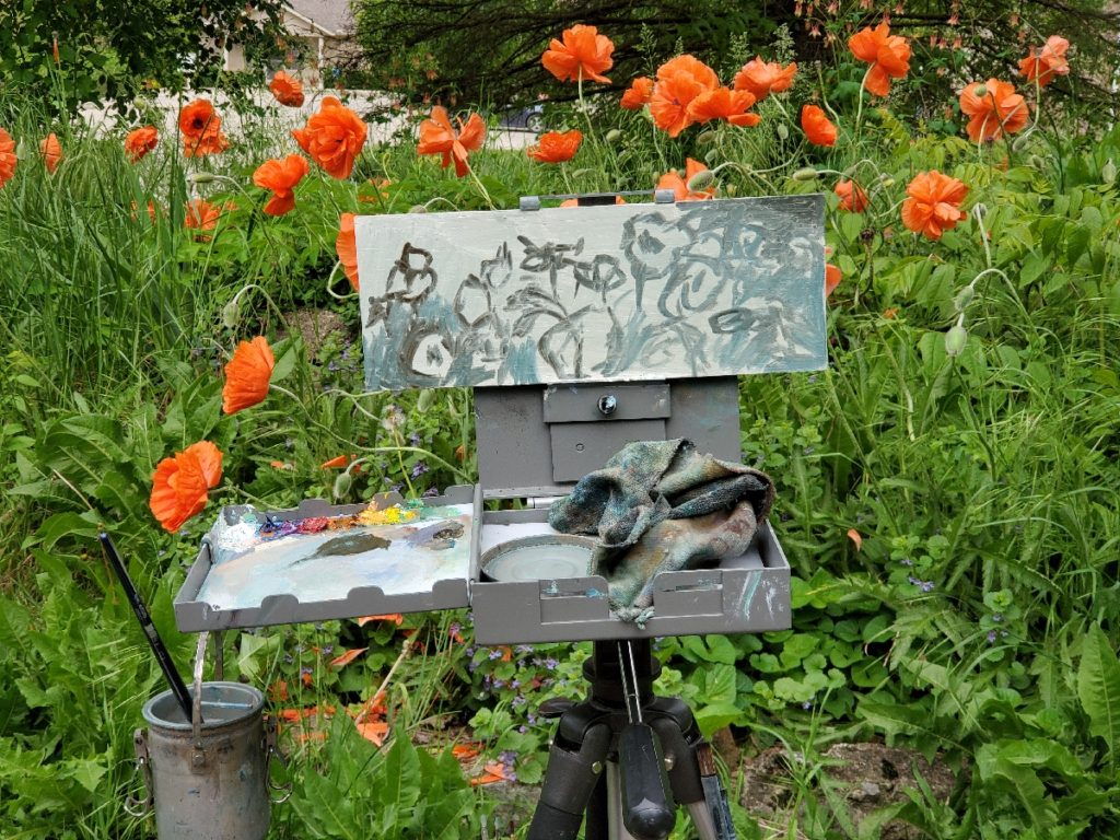 underpainting of plein air poppies by artist ken swinson