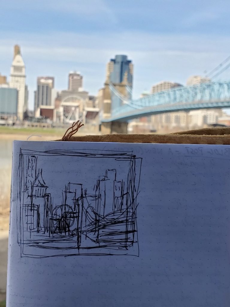 sketch of the roebling bridge by artist ken swinson in covington kentucky