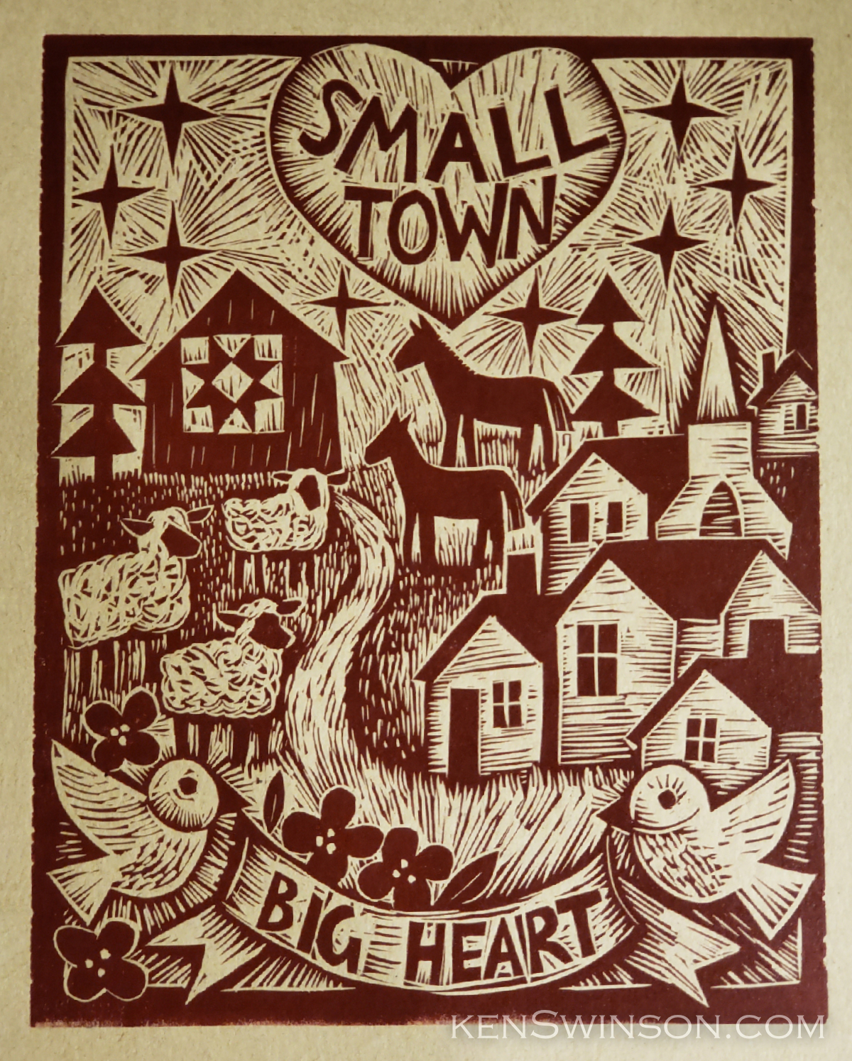 Small Town Big Heart Linocut 