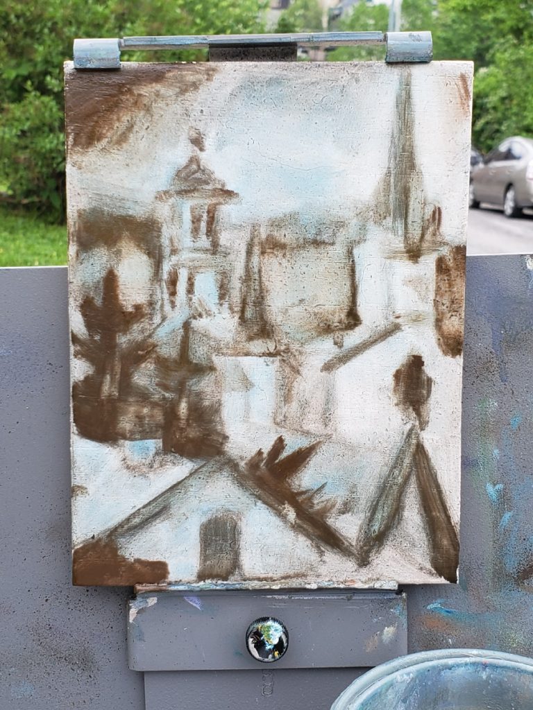 plein air underpainting of sutton hill in maysville kentucky by artist ken swinson