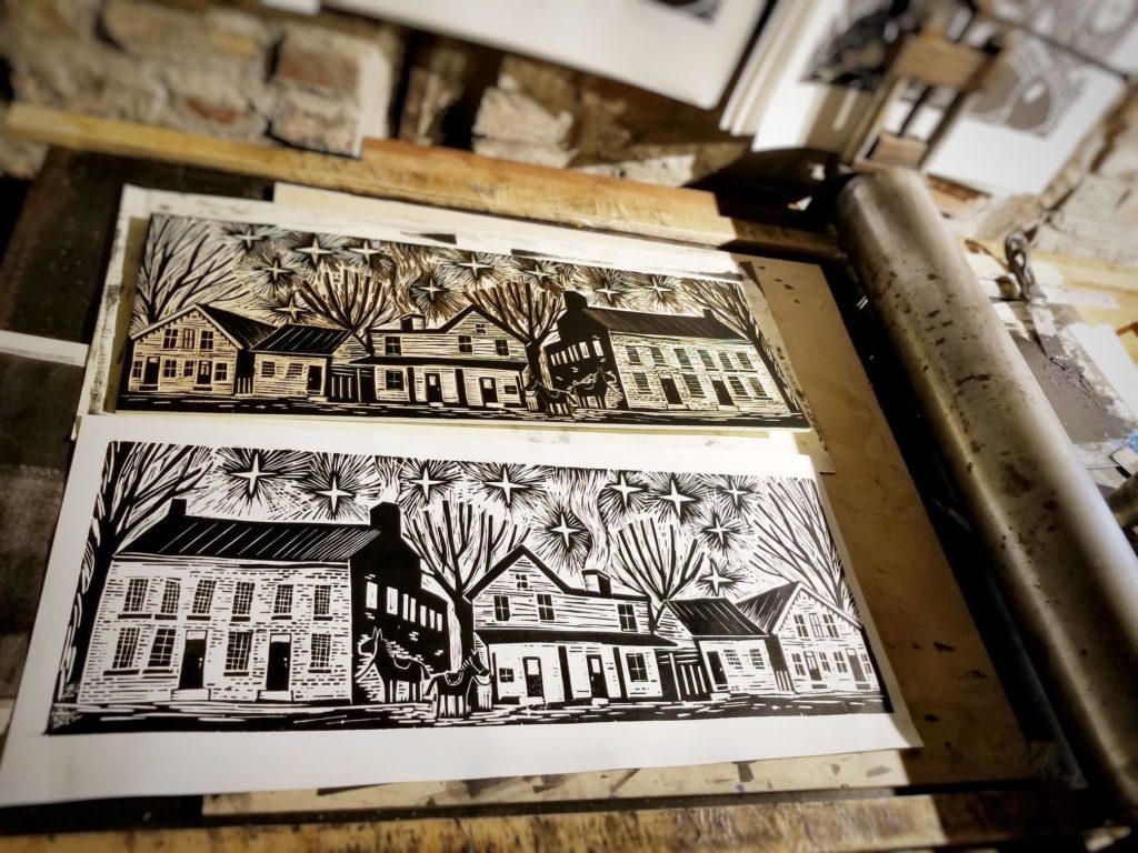 woodcut of washington hall in old washington Kentucky by artist ken swinson