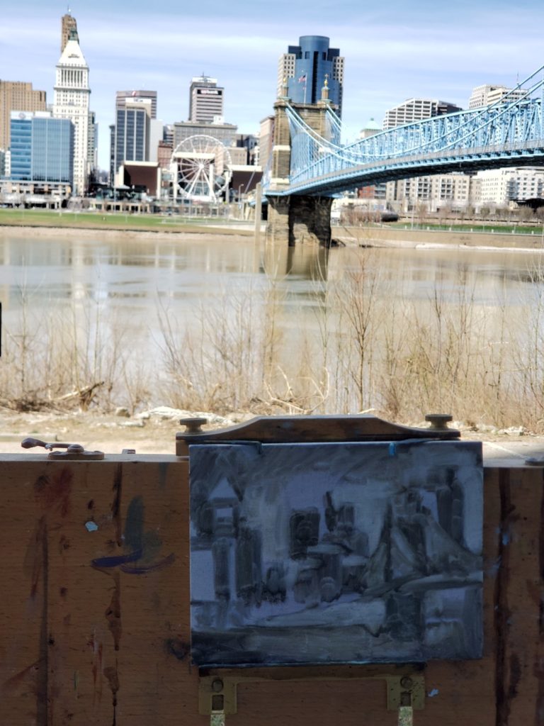 plein air underpainting of the roebling bridge and cincinnati skyline by artist ken swinson