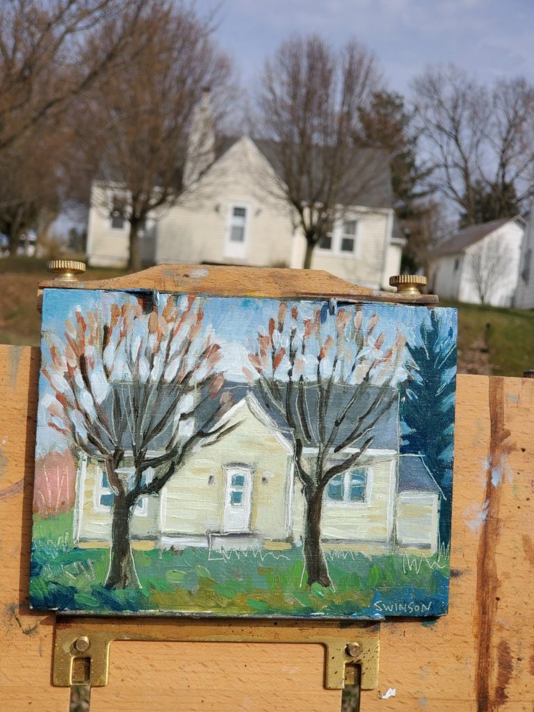 plein air painting of a yellow house in old washington kentucky