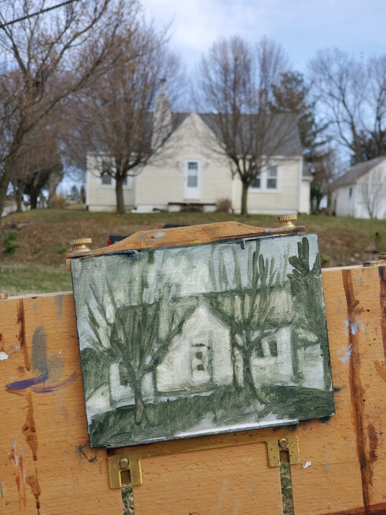 plein air underpainting of yellow house in old washington kentucky by artist ken swinson