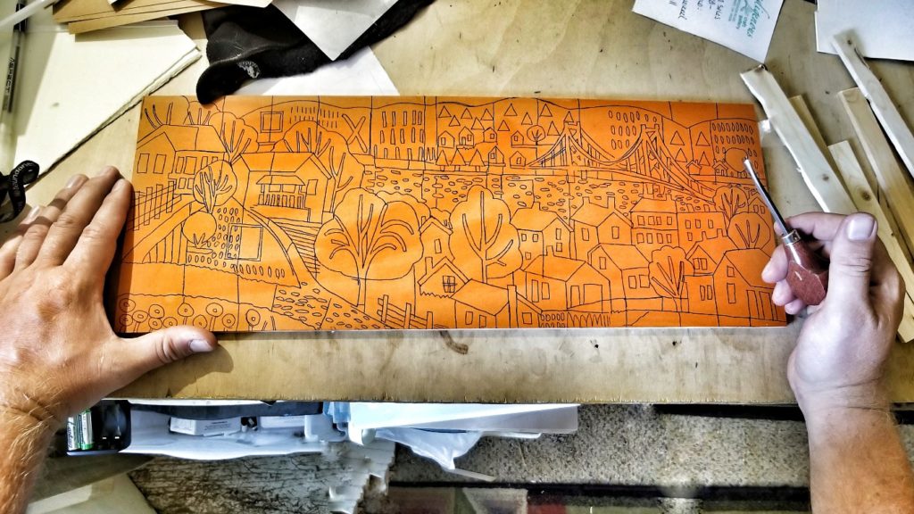 design on woodblock of maysville kentucky for woodcut printmaking