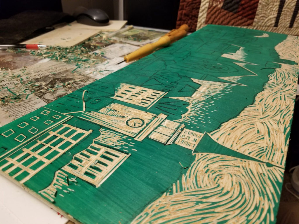 woodcut work in progress of over the rhine in cincinnati ohio