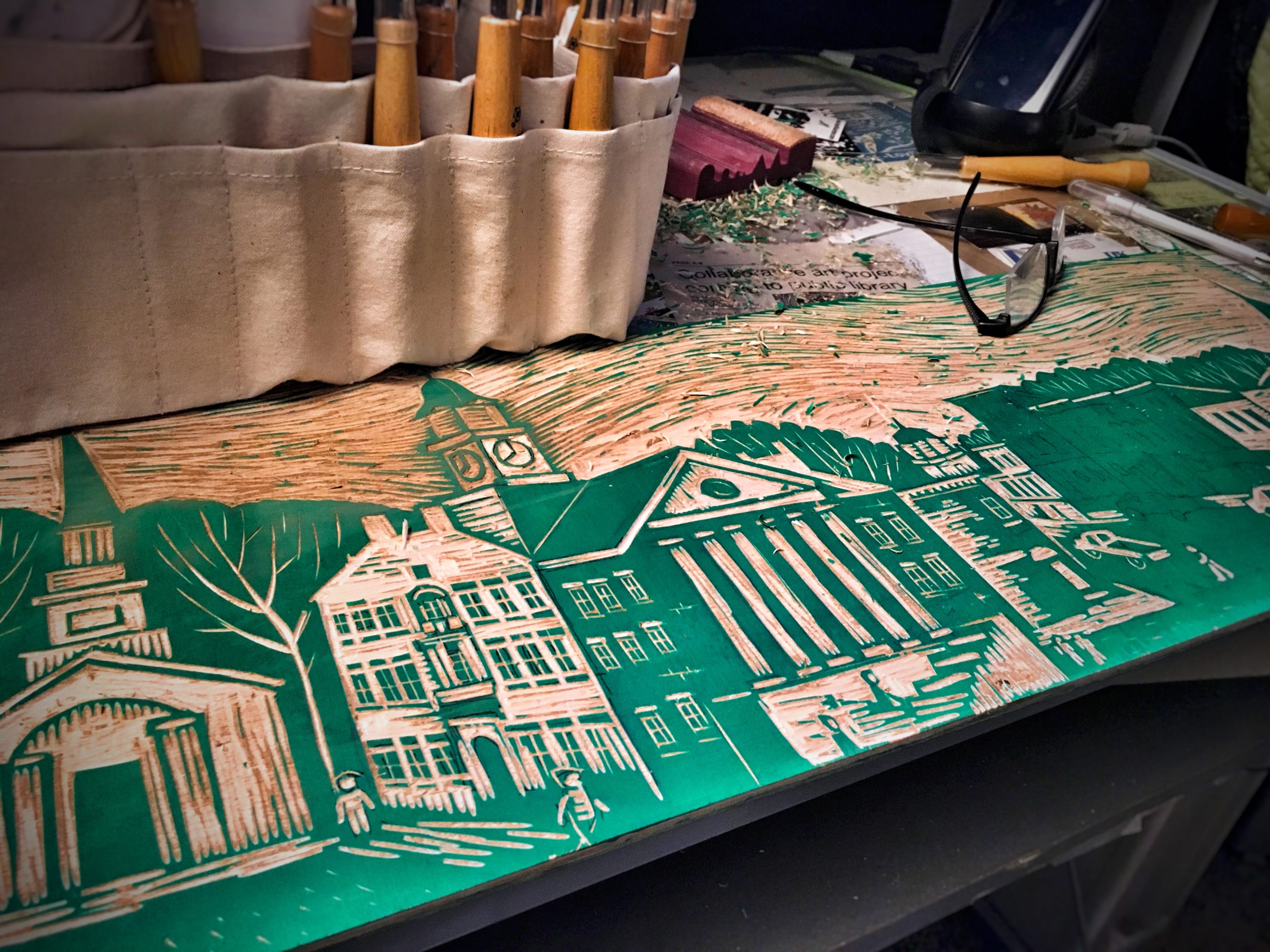 work in progress woodcut depicting versailles kentucky