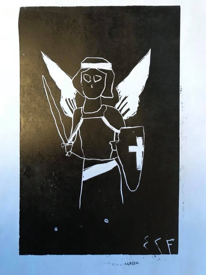 linocut of an angel with a shield and sword