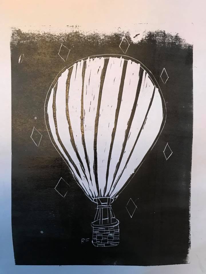 linocut of a hot air balloon