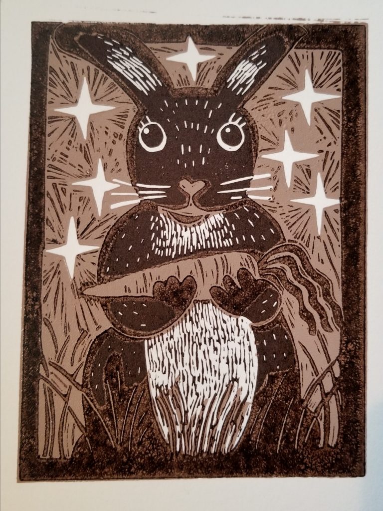 brown bunny 2 color linocut by kentucky artist ken swinson